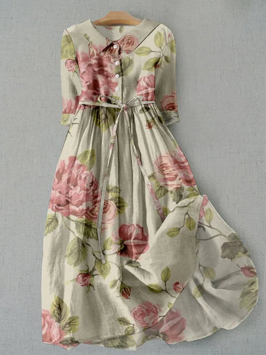 Marley - Vintage Lace-Up Waisted Floral Print Dress